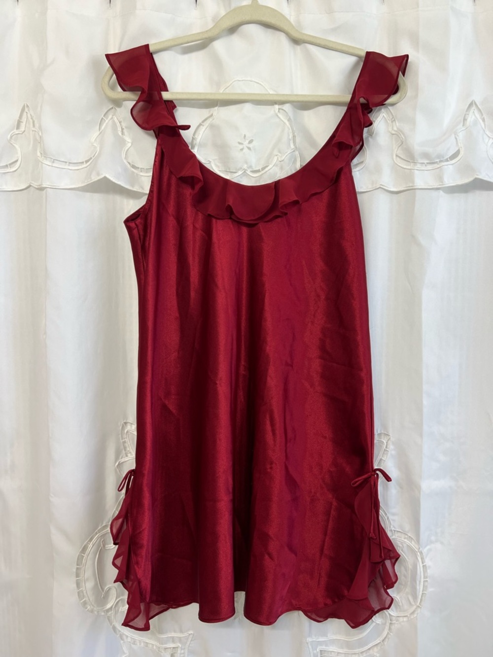 Oscar de la Renta Pink Label Red Satin Ruffle Chemise Slip Dress Lingerie XL